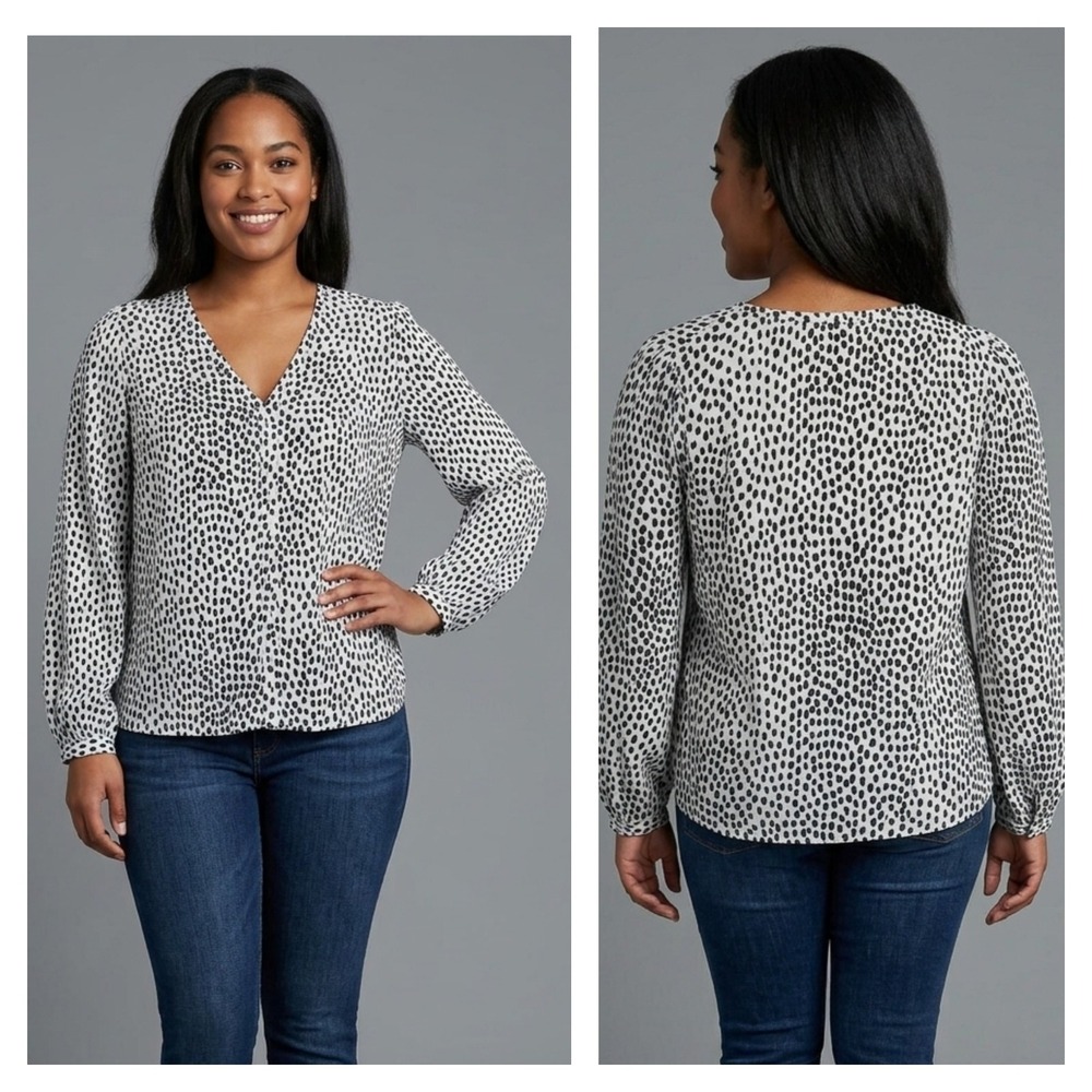 J.Crew Blouse Top Womens 12 Black White Leopard Print V-Neck Balloon Long Sleeve